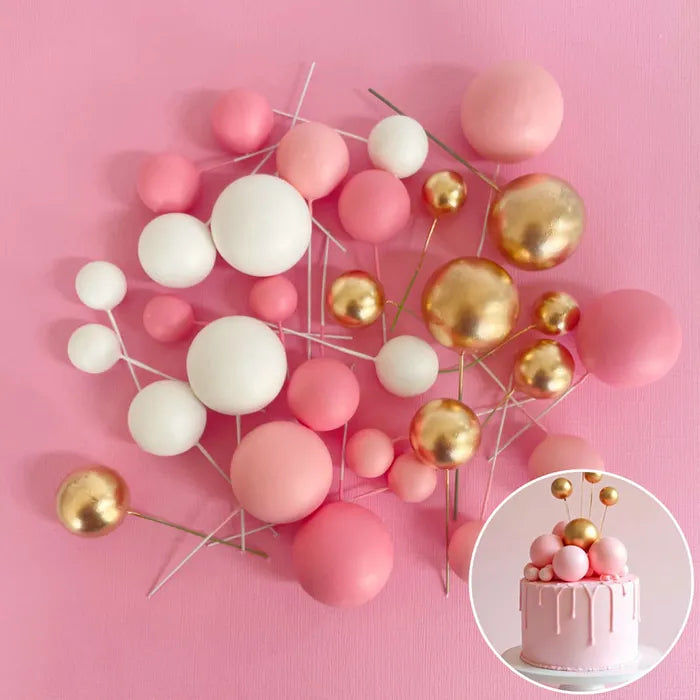 Pink, White & Gold Foam Ball Toppers 32 Pack