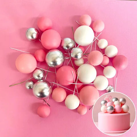 Pink, White & Silver Foam Ball Topper 32 Pack