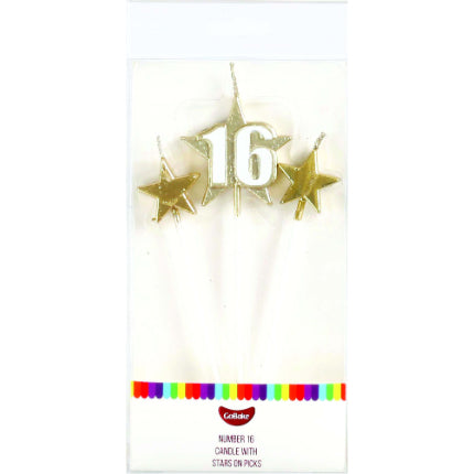16 Gold Pick Star Candle Set