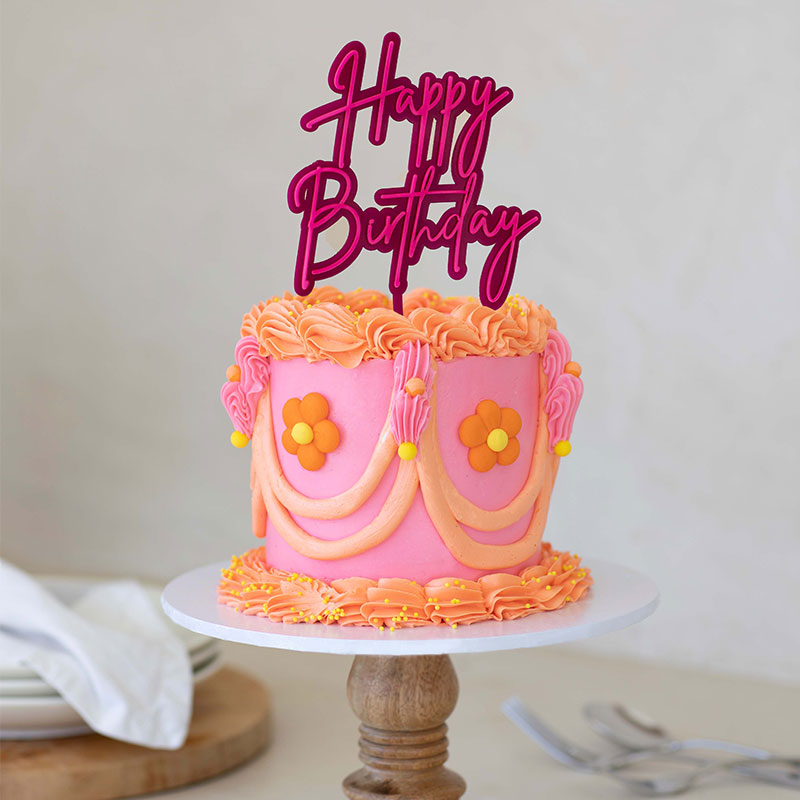 Happy Birthday Hot Pink + Pink Layered Cake Topper