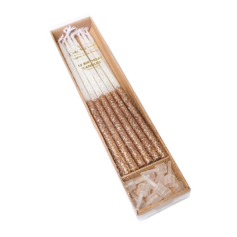 Candles ROSE GOLD GLITTER DIPPED pack 12 - Cake Decorating Central
