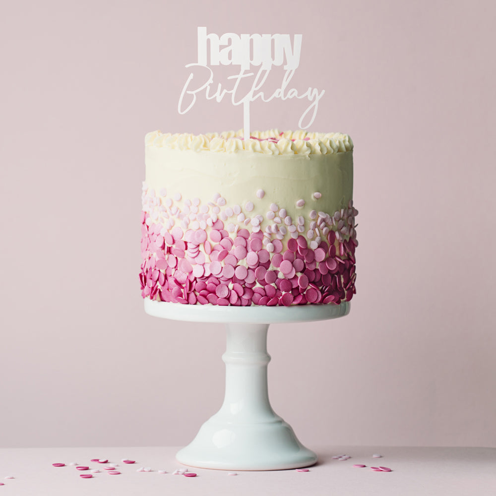 HAPPY BIRTHDAY White Acrylic Cake Topper (cursive)