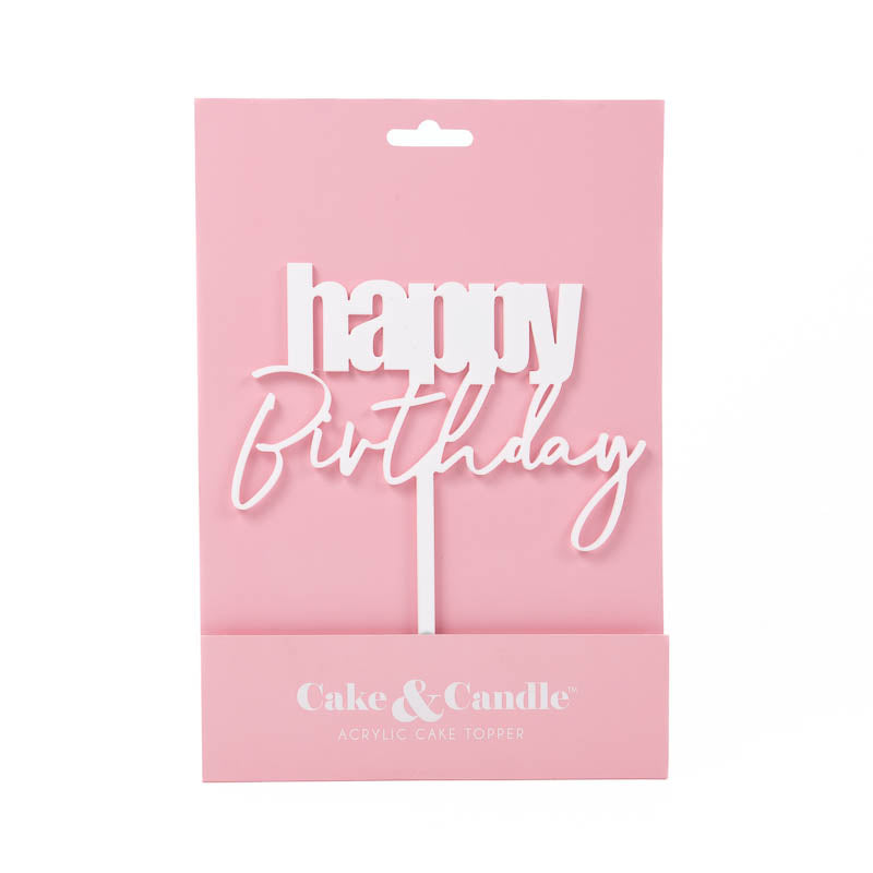 HAPPY BIRTHDAY White Acrylic Cake Topper (cursive)
