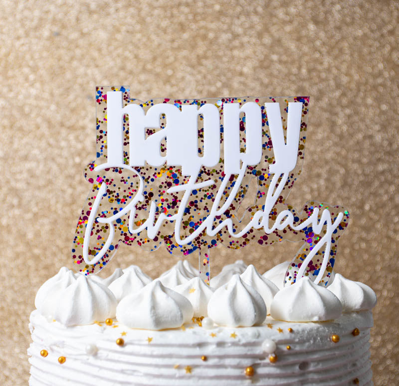 Happy Birthday Layered Rainbow Glitter Cake Topper